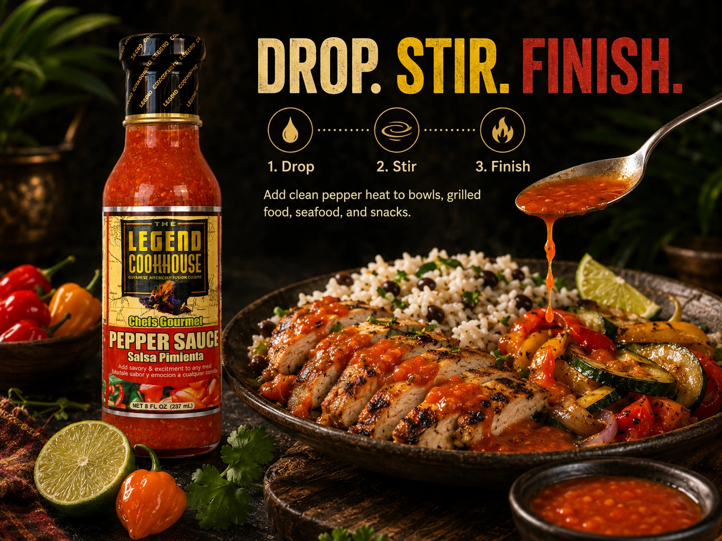 Legend Cookhouse Pepper Sauce in a drop stir finish action scene with pepper sauce drizzled over a home-cooked plate and clean pepper heat callouts.