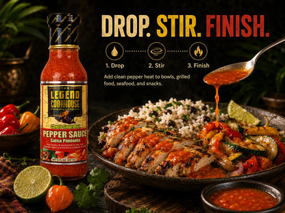 Legend Cookhouse Pepper Sauce in a drop stir finish action scene with pepper sauce drizzled over a home-cooked plate and clean pepper heat callouts.
