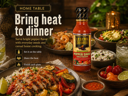 Legend Cookhouse Pepper Sauce with a shared home dinner setup and baked bring heat to dinner callouts.