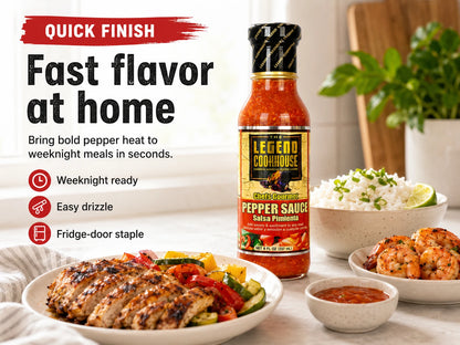 Legend Cookhouse Pepper Sauce in a bright home kitchen with peppers, simple meal prep, and baked fast flavor at home quick finish callouts.
