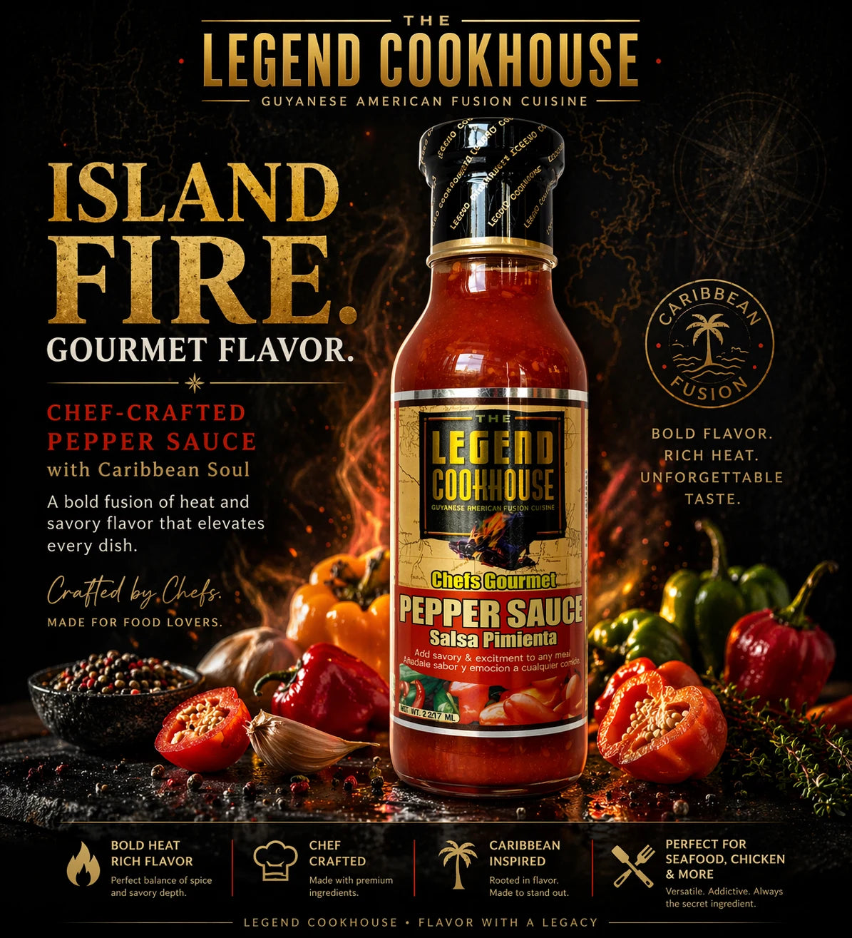 Legend Pepper Sauce Island Fire carousel extra with bottle, peppers, flame-lit Caribbean pepper sauce styling, and gourmet flavor messaging.