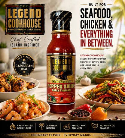 Legend Pepper Sauce carousel extra showing the bottle with seafood, chicken, vegetables, rice, and table-sauce serving ideas.