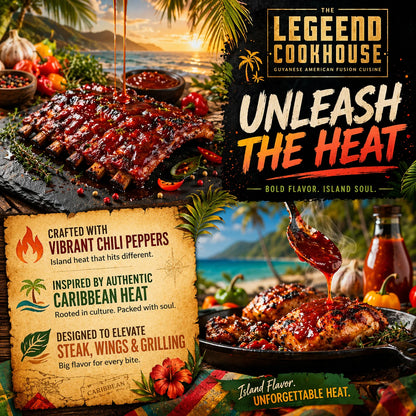 Legend Pepper Sauce carousel extra with grilled food, peppers, Caribbean outdoor cooking scene, and unleash the heat messaging.