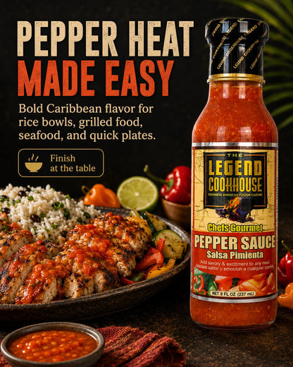 Mobile hero image of Legend Cookhouse Pepper Sauce with Caribbean pepper heat, peppers, rice bowl or grilled food cues, and pepper heat made easy callouts.