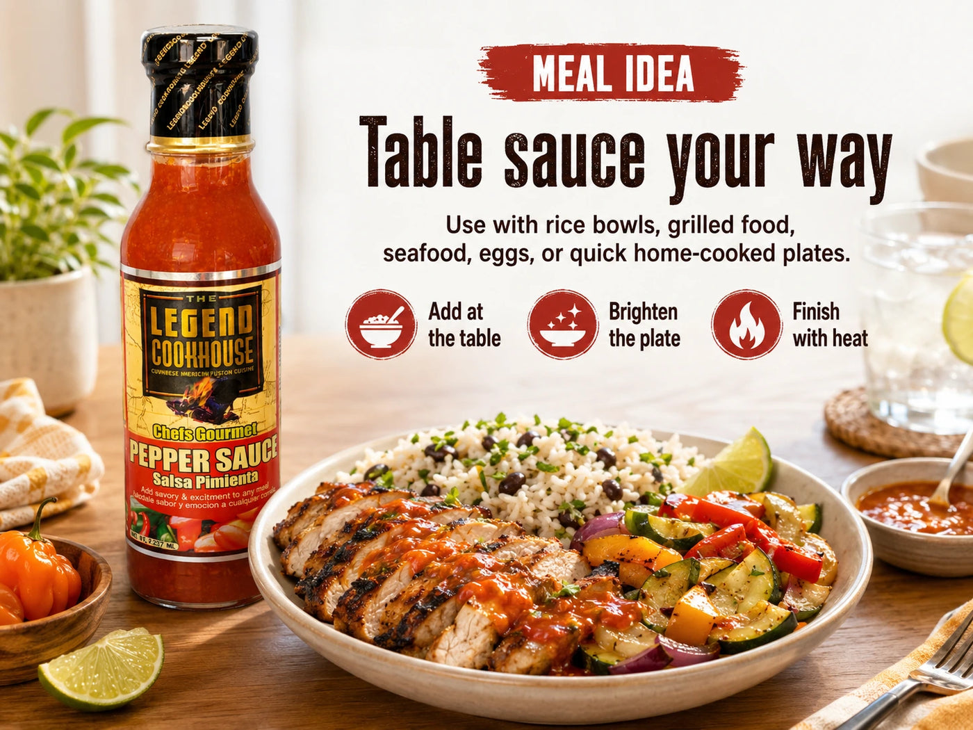 Legend Cookhouse Pepper Sauce with a home meal, rice bowl or grilled food, and baked table sauce your way meal idea callouts.