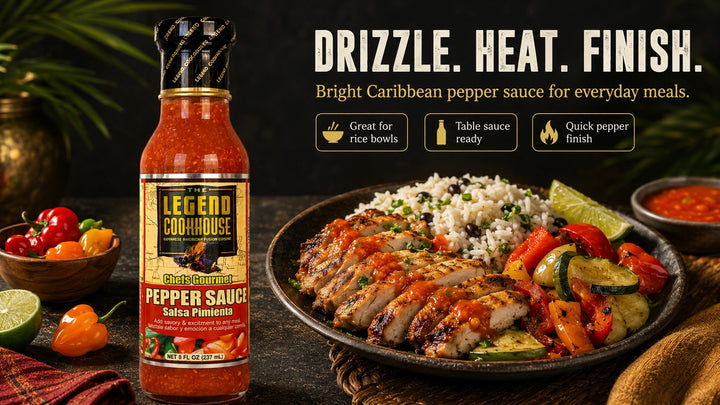 Legend Cookhouse Pepper Sauce bottle with Caribbean pepper sauce, grilled food, rice bowl cues, peppers, citrus, and drizzle heat finish callouts in a wide desktop PDP hero.