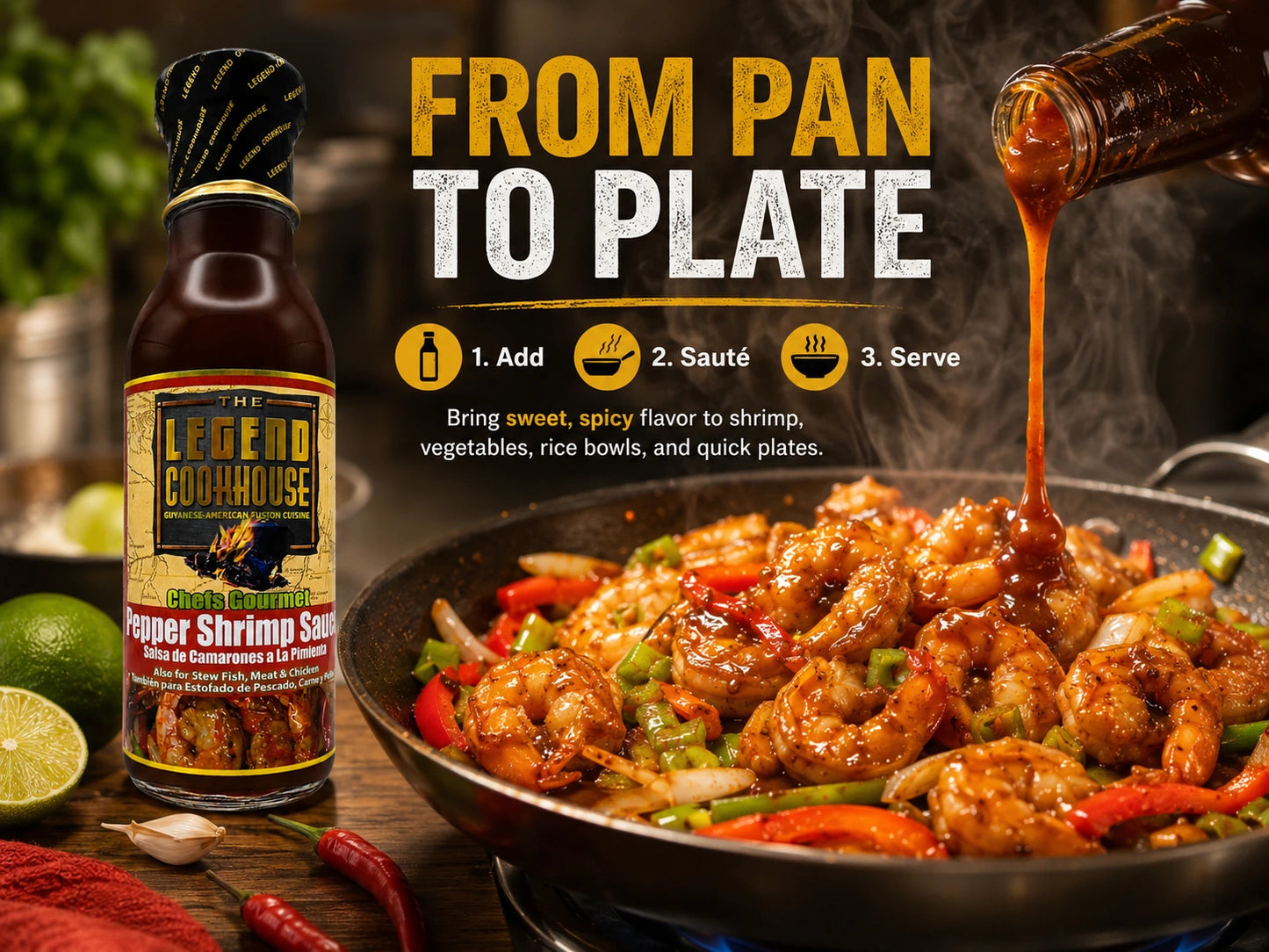 Legend Cookhouse Pepper Shrimp Sauce in a from pan to plate action scene with glossy shrimp, peppers, skillet movement, and add sauté serve callouts.