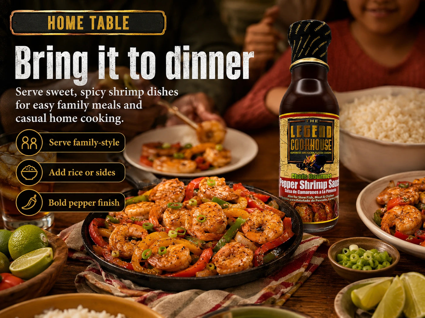 Legend Cookhouse Pepper Shrimp Sauce with a shared home pepper shrimp meal and baked bring it to dinner callouts.