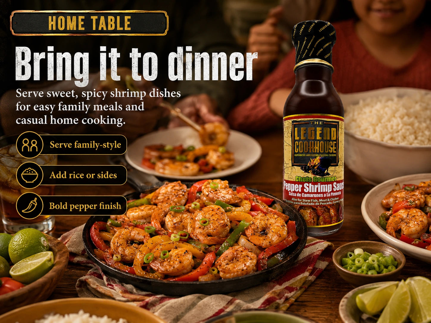 Legend Cookhouse Pepper Shrimp Sauce with a shared home pepper shrimp meal and baked bring it to dinner callouts.
