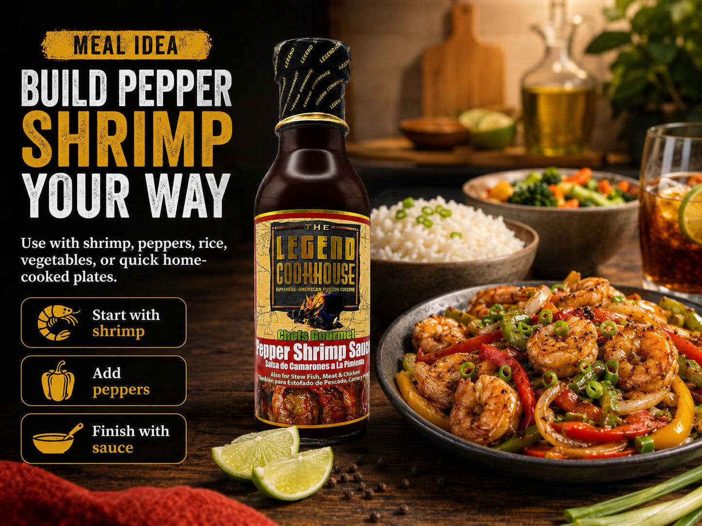 Legend Cookhouse Pepper Shrimp Sauce with glossy shrimp, peppers, rice, and baked build pepper shrimp your way meal idea callouts.