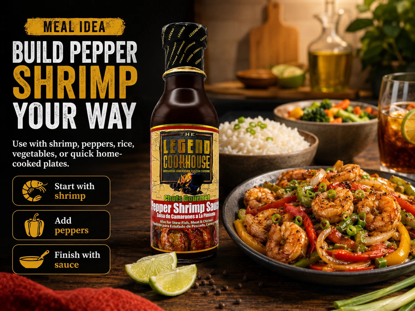 Legend Cookhouse Pepper Shrimp Sauce with glossy shrimp, peppers, rice, and baked build pepper shrimp your way meal idea callouts.
