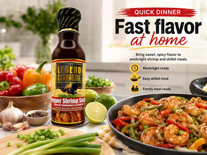 Legend Cookhouse Pepper Shrimp Sauce in a bright home kitchen with shrimp, peppers, and baked fast flavor at home quick dinner callouts.
