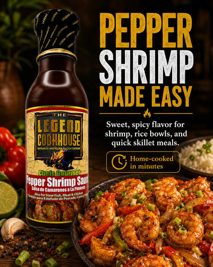 Mobile hero image of Legend Cookhouse Pepper Shrimp Sauce with glossy shrimp, peppers, rice bowl cues, and pepper shrimp made easy callouts.
