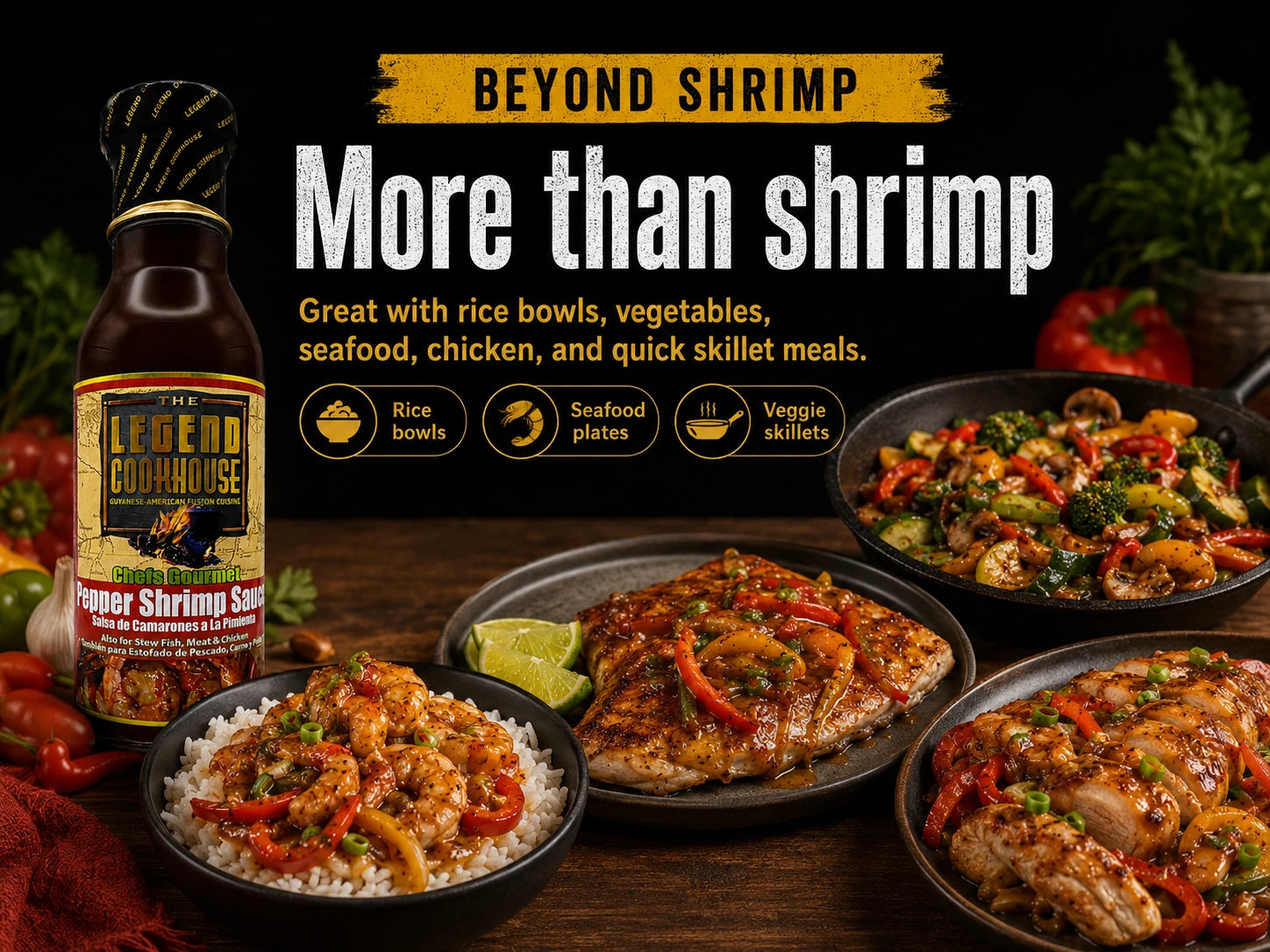 Legend Cookhouse Pepper Shrimp Sauce with a rice bowl or skillet meal and baked more than shrimp versatility callouts.