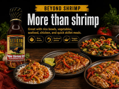 Legend Cookhouse Pepper Shrimp Sauce with a rice bowl or skillet meal and baked more than shrimp versatility callouts.