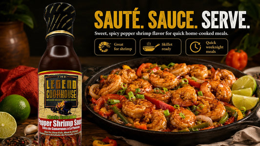 Legend Cookhouse Pepper Shrimp Sauce bottle with glossy pepper shrimp, peppers, scallions, citrus, and sauté sauce serve callouts in a wide desktop PDP hero.