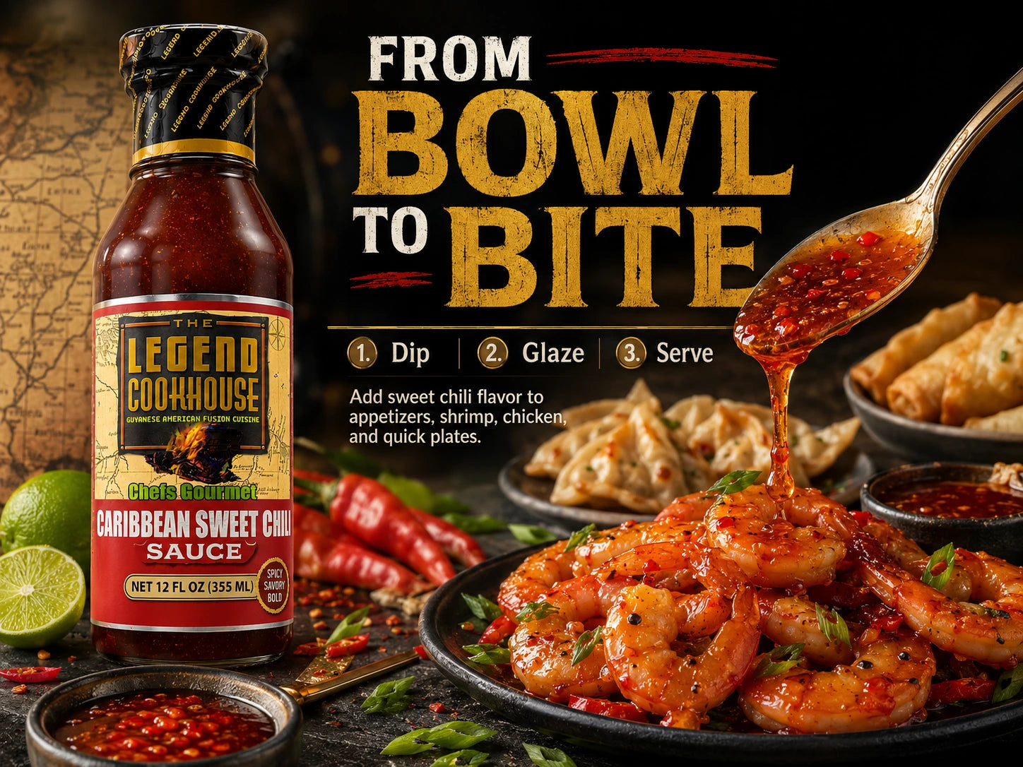 Legend Cookhouse Sweet Chili Sauce in a From Bowl to Bite action scene with glossy sauce being spooned over shrimp and appetizer callouts.