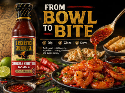Legend Cookhouse Sweet Chili Sauce in a From Bowl to Bite action scene with glossy sauce being spooned over shrimp and appetizer callouts.