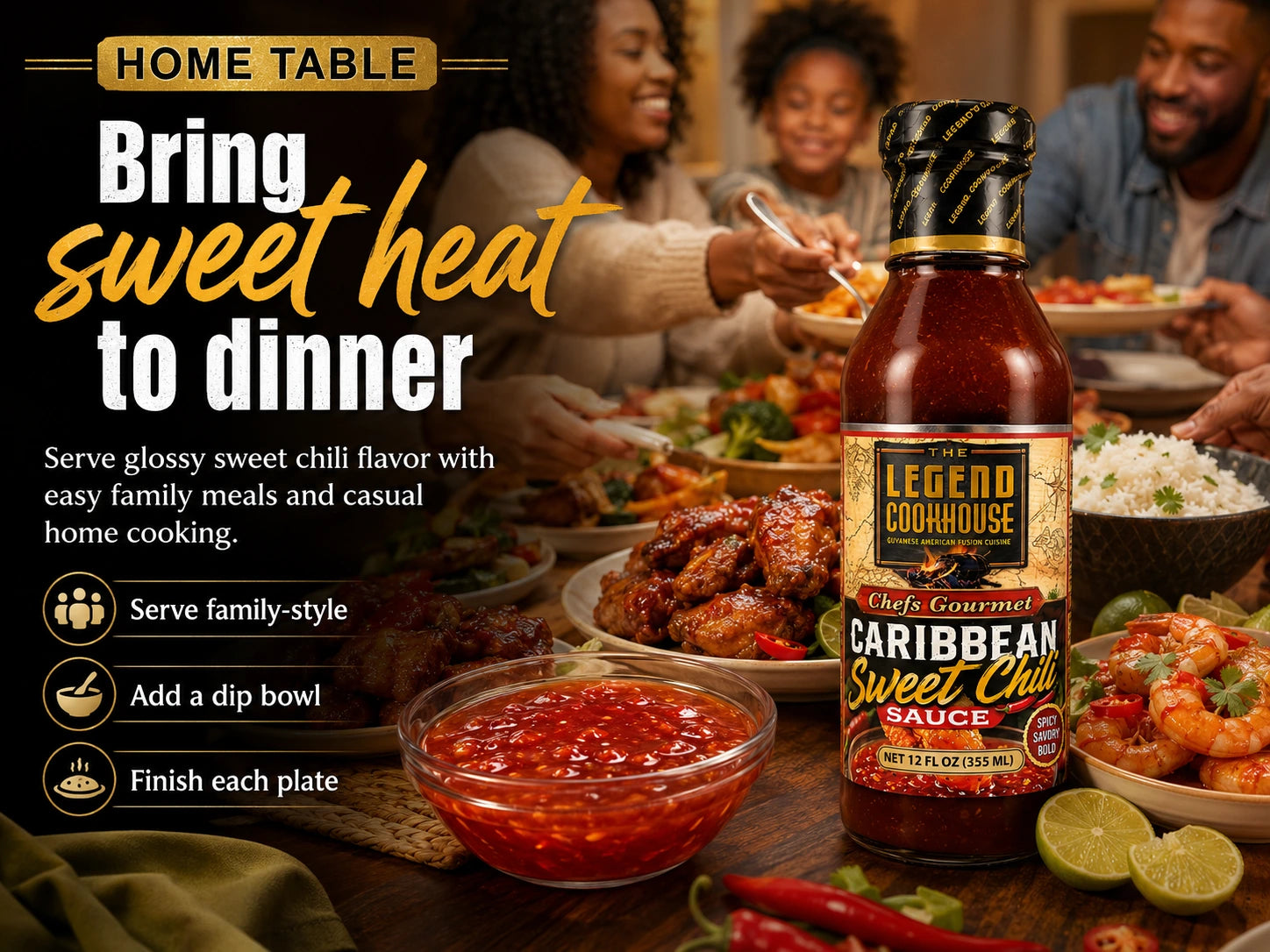Legend Cookhouse Sweet Chili Sauce with a shared home dinner setup, family-style meal, dipping bowl, and Bring Sweet Heat to Dinner callouts.