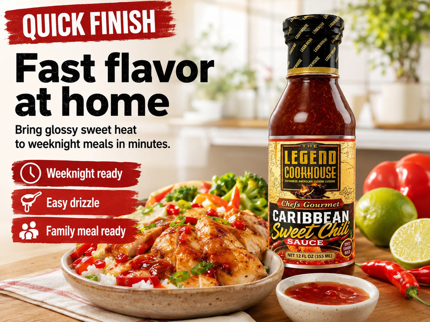 Legend Cookhouse Sweet Chili Sauce in a bright home kitchen with glazed chicken rice bowl, peppers, dipping sauce, and Fast Flavor at Home callouts.