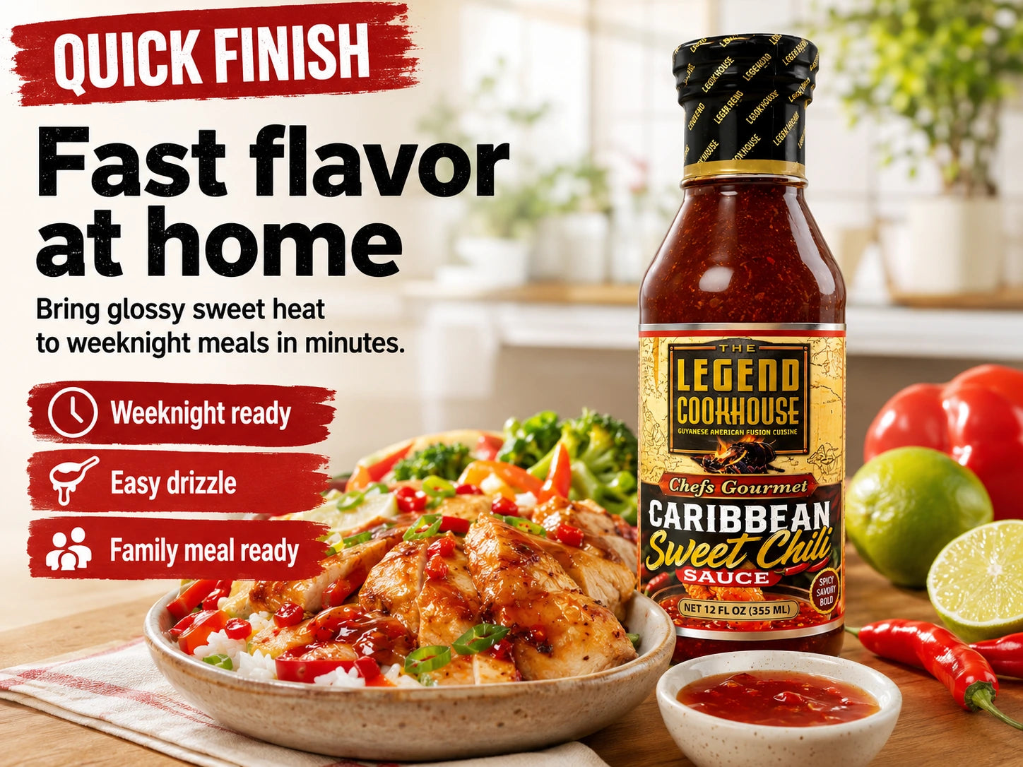 Legend Cookhouse Sweet Chili Sauce in a bright home kitchen with glazed chicken rice bowl, peppers, dipping sauce, and Fast Flavor at Home callouts.