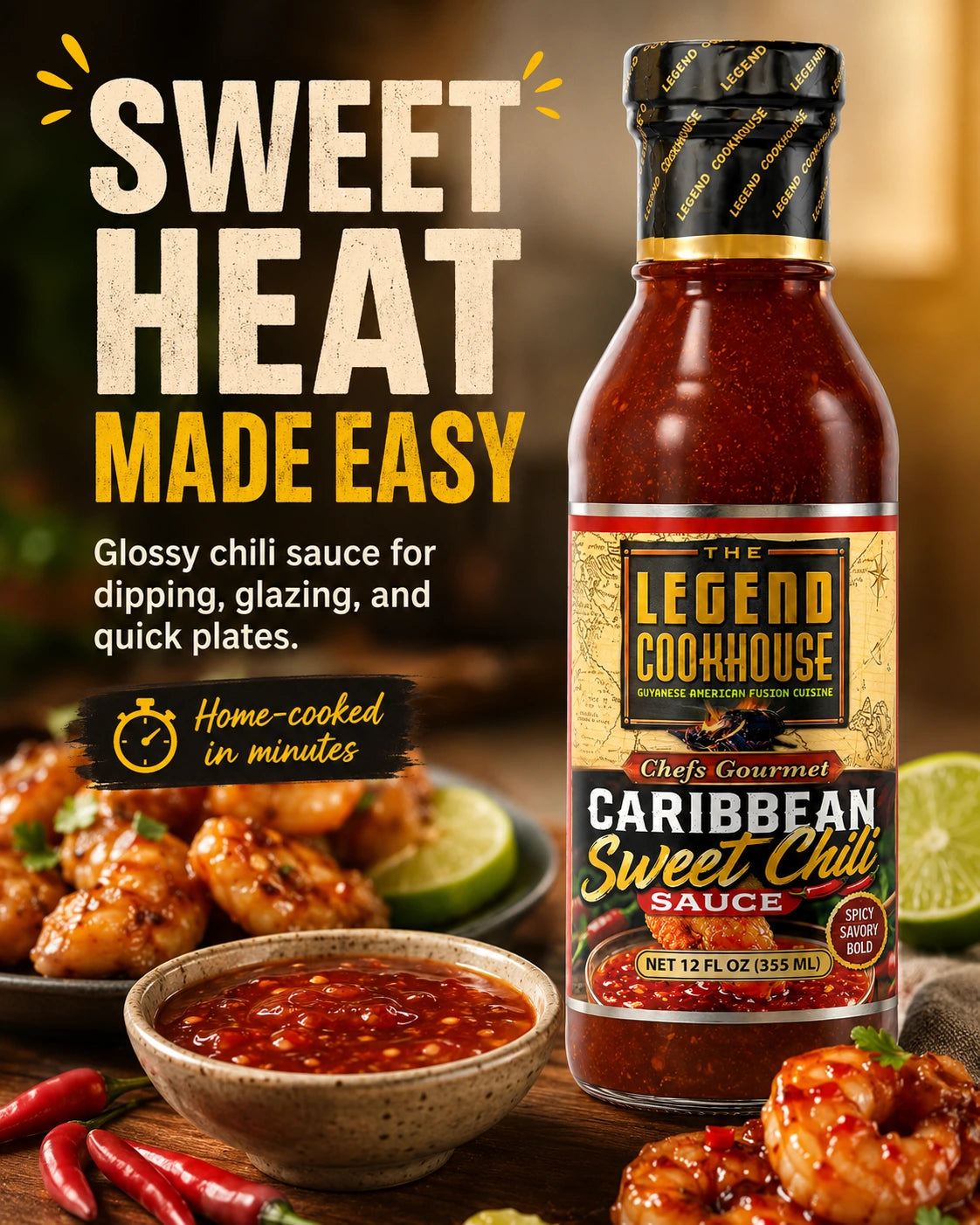 Mobile hero image of Legend Cookhouse Sweet Chili Sauce with glossy sweet heat, dipping sauce bowl, shrimp, lime, and Sweet Heat Made Easy callouts.