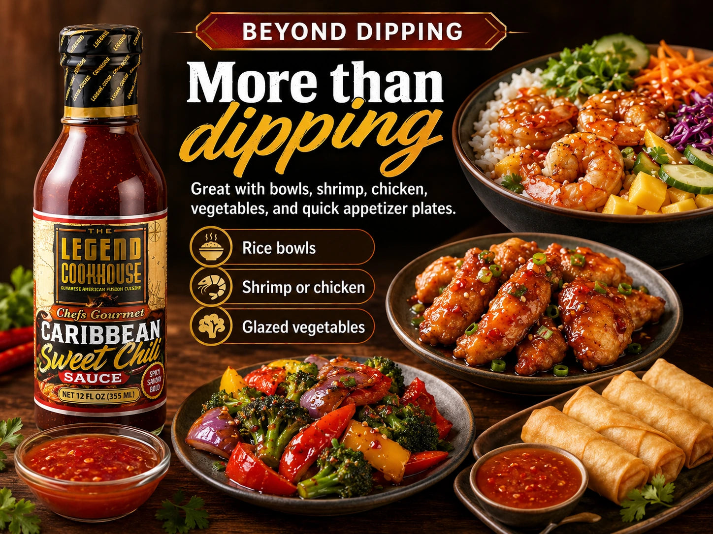 Legend Cookhouse Sweet Chili Sauce with rice bowls, shrimp, chicken, spring rolls, vegetables, and baked More Than Dipping versatility callouts.