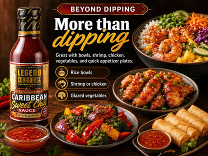 Legend Cookhouse Sweet Chili Sauce with rice bowls, shrimp, chicken, spring rolls, vegetables, and baked More Than Dipping versatility callouts.