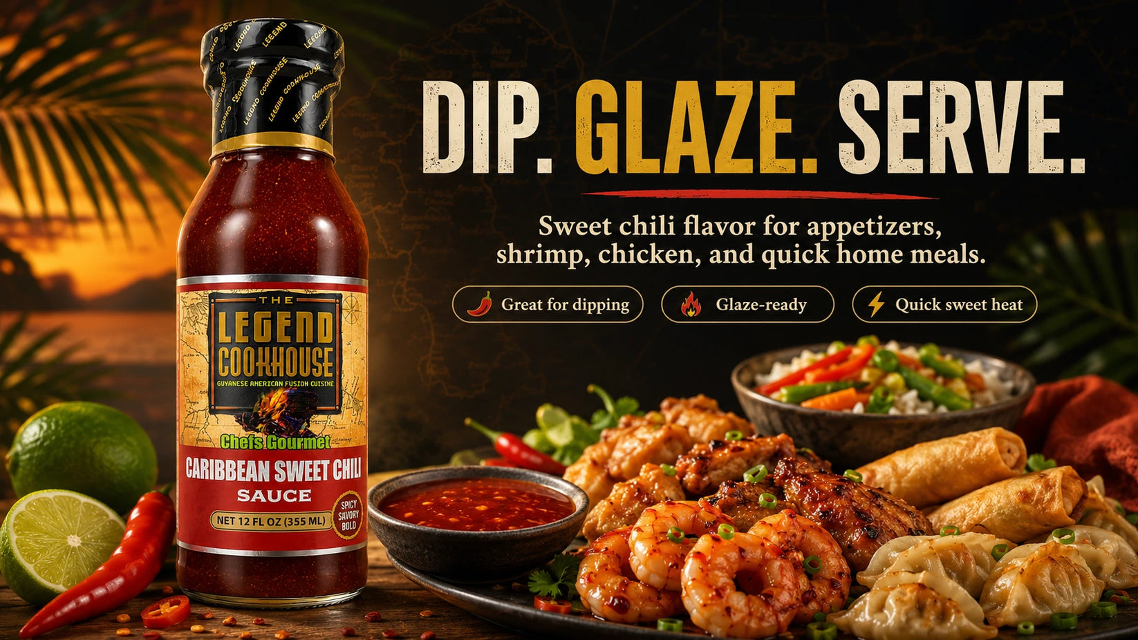 Legend Cookhouse Sweet Chili Sauce bottle with glossy sweet chili dipping sauce, shrimp, chicken, appetizers, lime, and Dip Glaze Serve callouts in a wide desktop PDP hero.