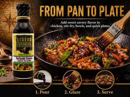 Legend Cookhouse Teriyaki Sauce in a from pan to plate action scene with glossy glaze added to chicken, stir-fry vegetables, or rice bowls.