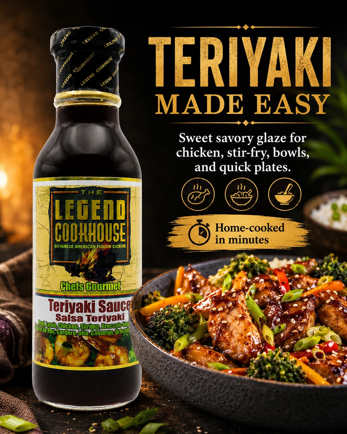 Mobile hero image of Legend Cookhouse Teriyaki Sauce with glossy teriyaki glaze, chicken or stir-fry bowl cues, and teriyaki made easy callouts.
