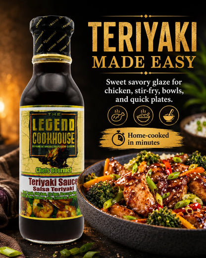 Mobile hero image of Legend Cookhouse Teriyaki Sauce with glossy teriyaki glaze, chicken or stir-fry bowl cues, and teriyaki made easy callouts.