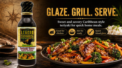 Legend Cookhouse Teriyaki Sauce bottle with glossy Caribbean-style teriyaki chicken, broccoli, peppers, rice bowl cues, and glaze grill serve callouts in a wide desktop PDP hero.