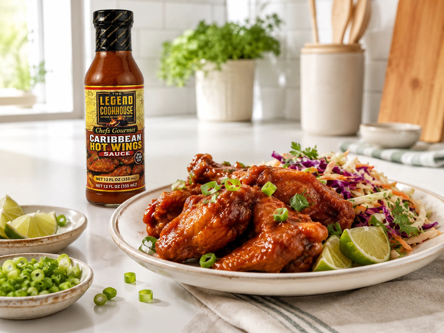 Legend Wings Sauce served with glossy sauced wings, a home-style side, scallions, citrus, and a visible bottle in a bright kitchen scene.