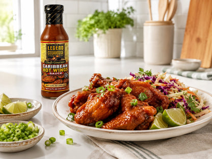 Legend Wings Sauce served with glossy sauced wings, a home-style side, scallions, citrus, and a visible bottle in a bright kitchen scene.