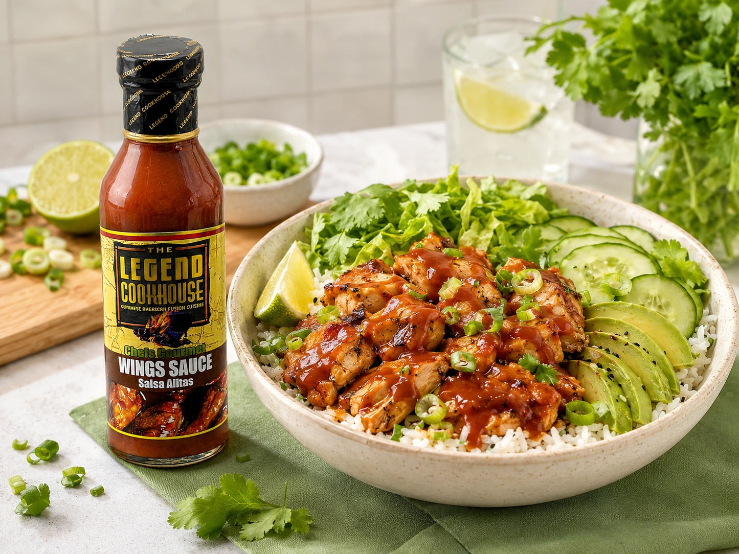 Legend Wings Sauce served with a fresh quick meal bowl or wrap, green ingredients, citrus, sauce gloss, and a visible bottle.