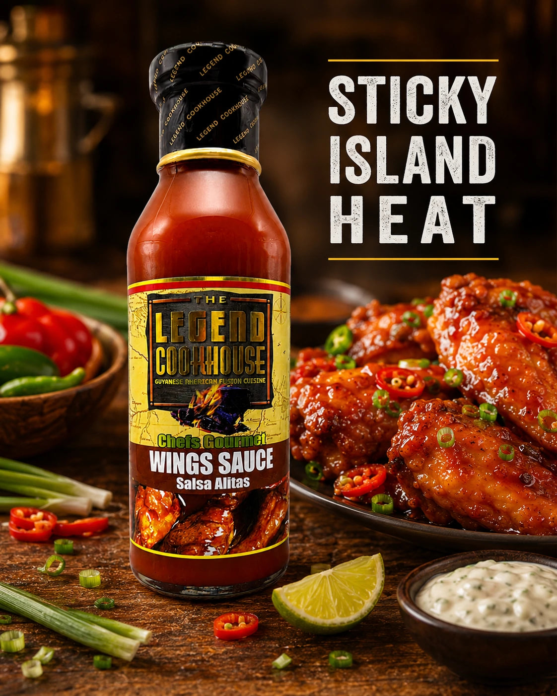 Mobile PDP hero image of Legend Wings Sauce with glossy sauced wings, peppers, scallions, and sticky island heat styling.