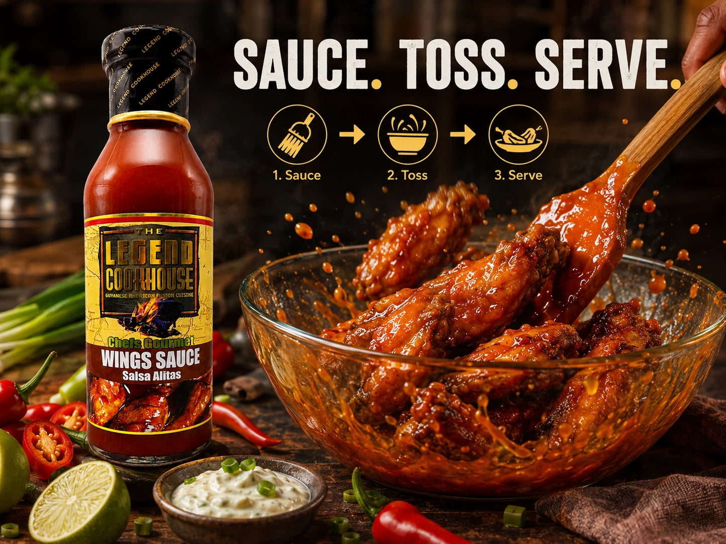 Legend Wings Sauce used to sauce and toss glossy wings with peppers, scallions, citrus, and sauce toss serve instructions.
