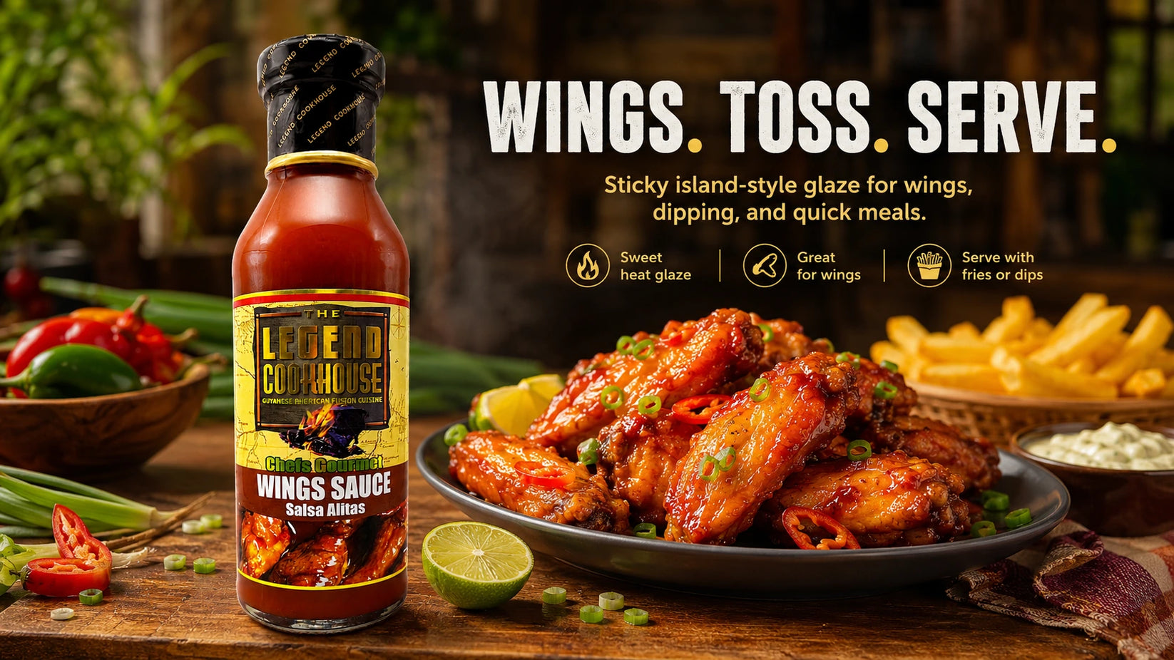 Legend Wings Sauce bottle with glossy sauced wings, peppers, scallions, citrus, fries, dip, and sauce toss serve callouts.