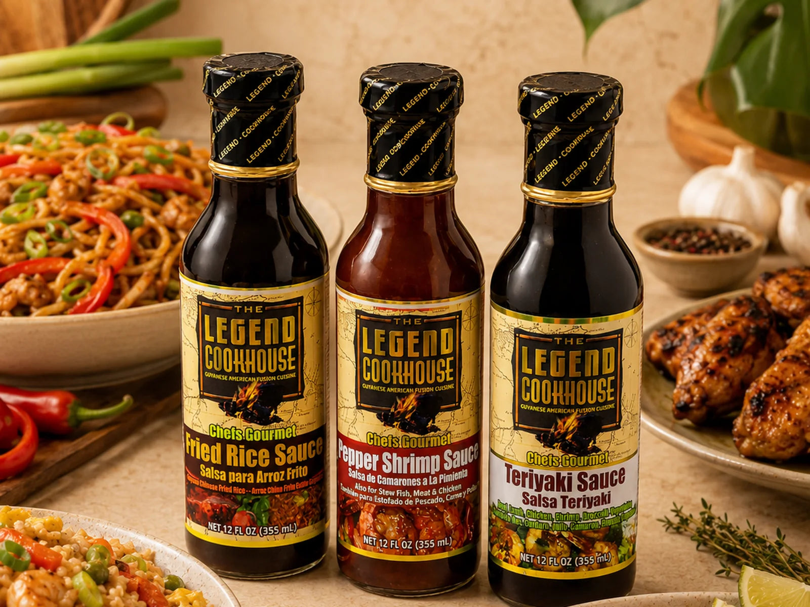Legend Cookhouse Fried Rice, Pepper Shrimp, and Teriyaki sauce bottles with noodles, rice, shrimp, and wings