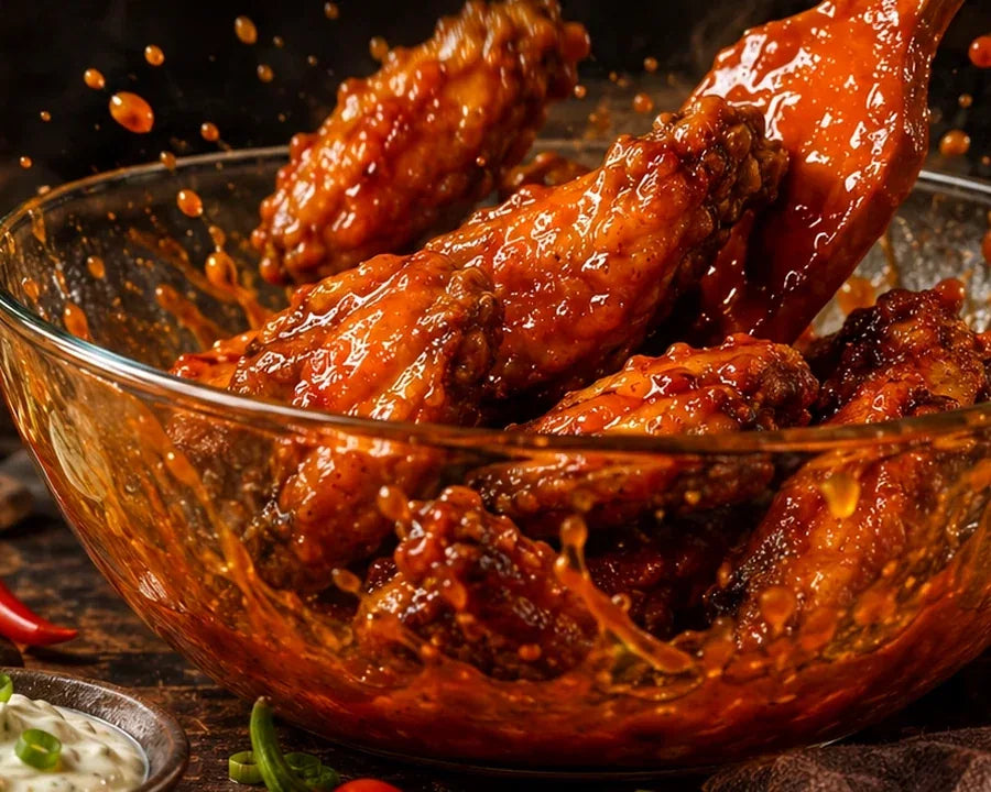 Glazed wings being tossed for a wings and grilling meal