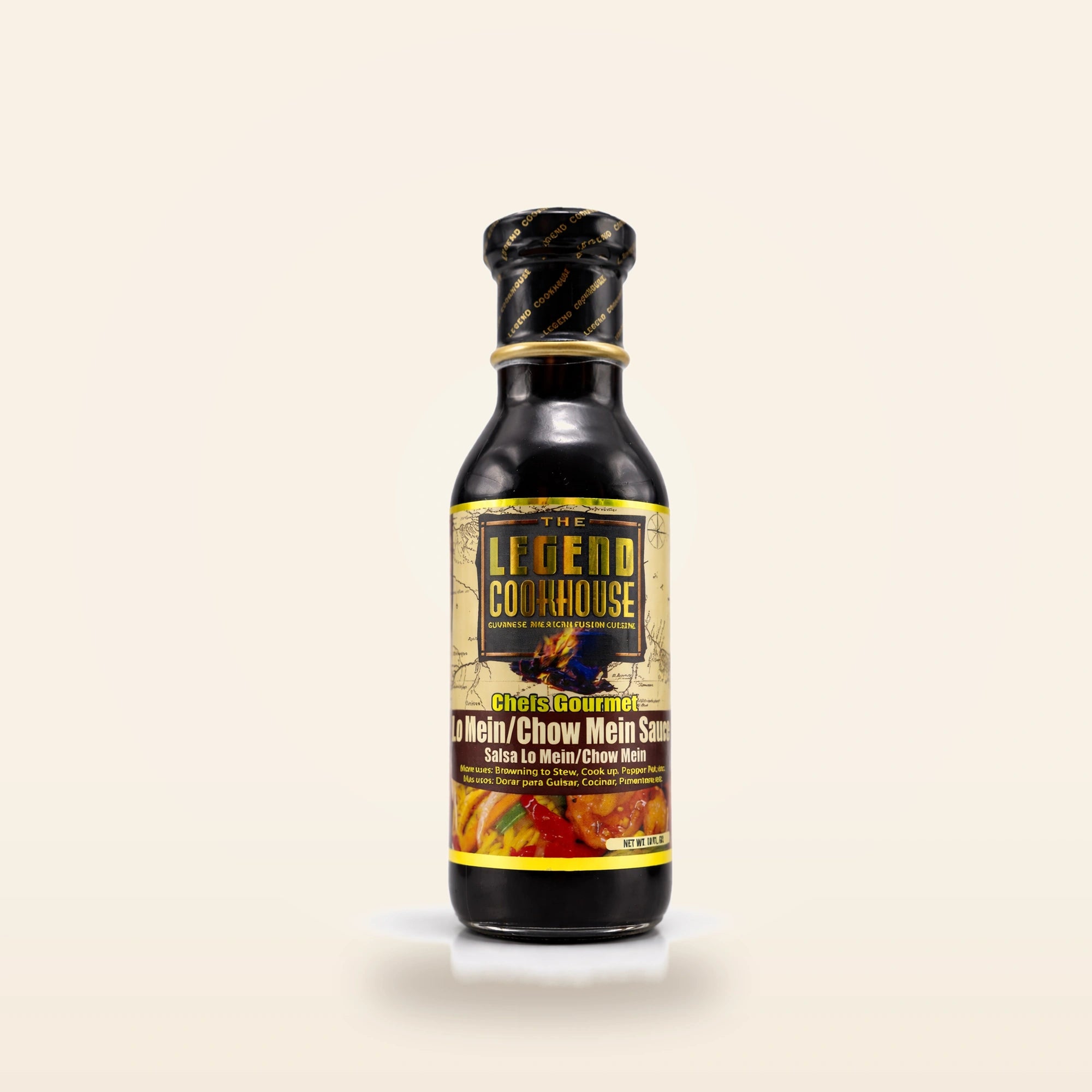 Legend Chow Mein and Lo Mein Sauce bottle on a clean cream background with subtle noodle and scallion accents