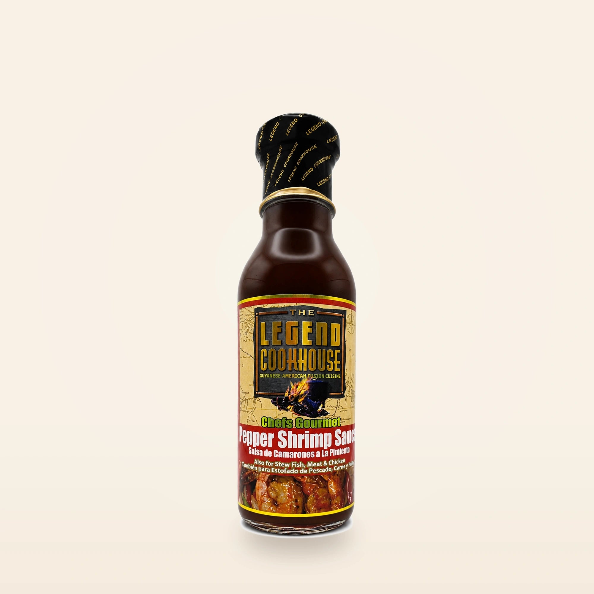 Legend Pepper Shrimp Sauce bottle on a clean cream background with subtle shrimp and pepper accents