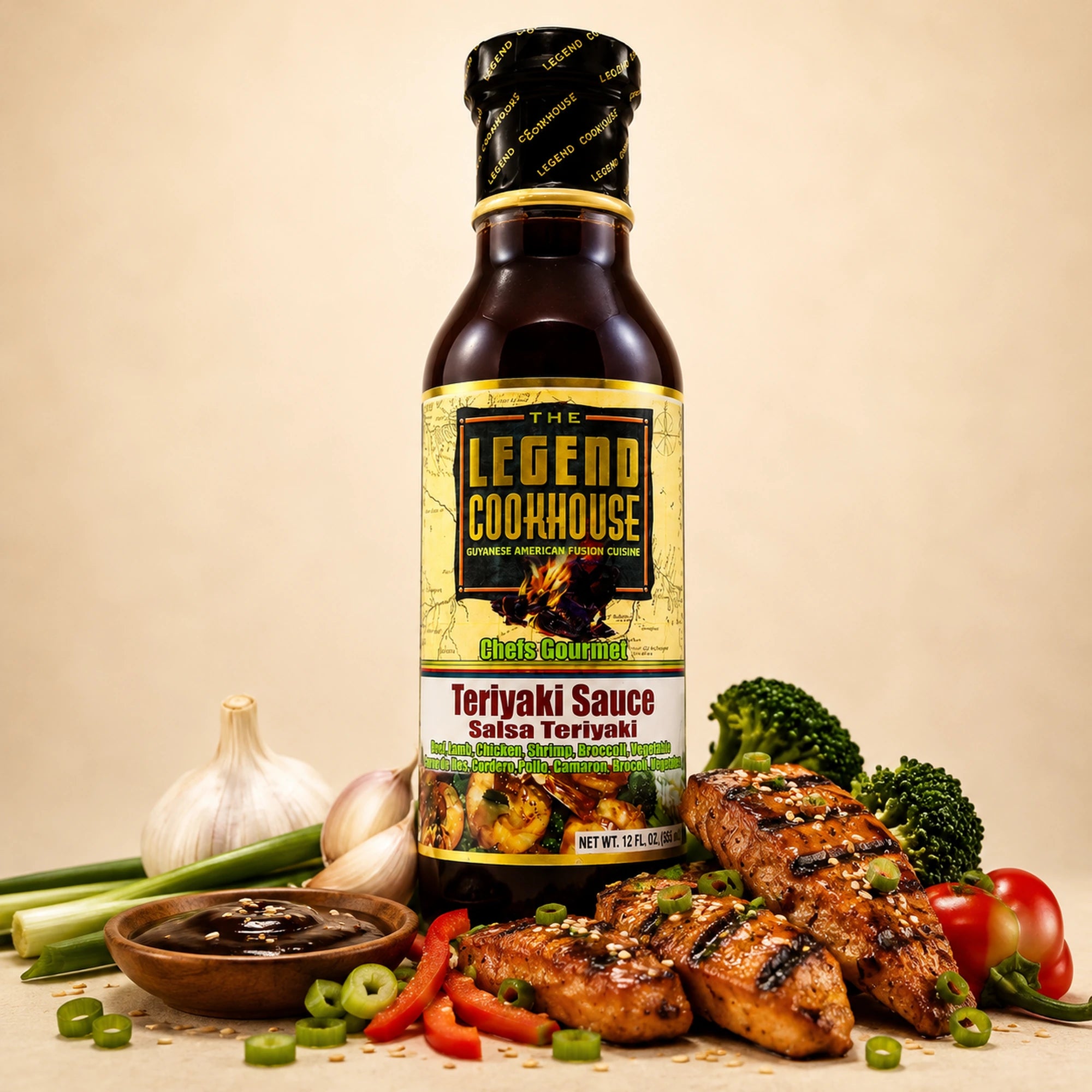 Legend Teriyaki Sauce bottle with glazed chicken, broccoli, garlic, scallions, and warm cream background