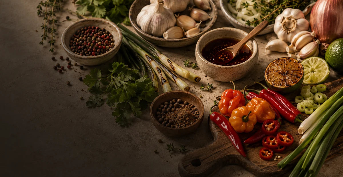 Premium ingredient spread with peppers, scallions, garlic, herbs, citrus, and sauce cues for Guyanese-Caribbean inspired home cooking.