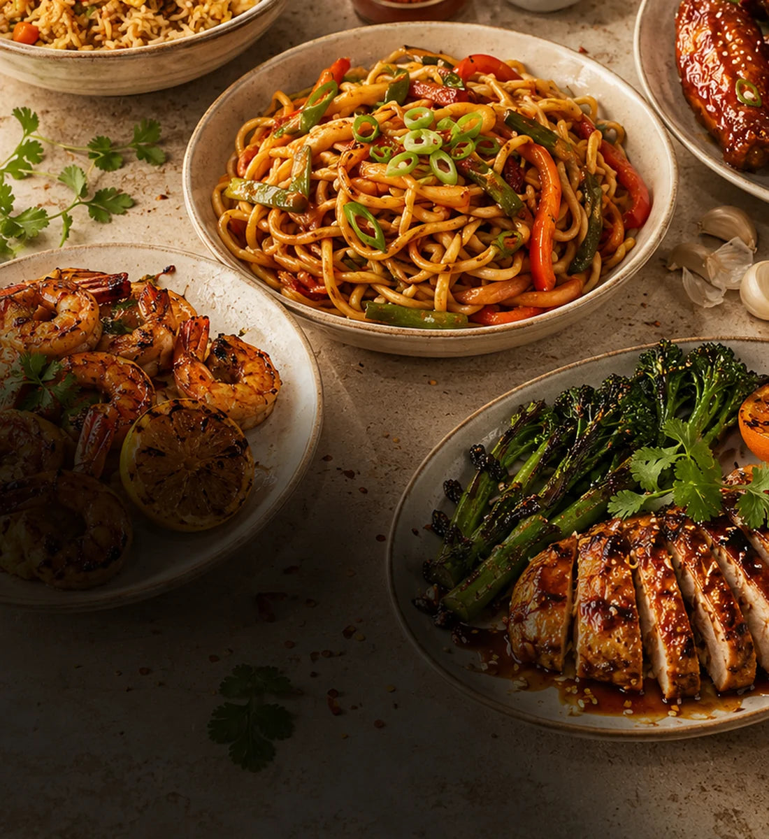 Premium home-cooking spread with rice, noodles, wings, shrimp, peppers, garlic, scallions, and Legend sauce cues for weeknight meals.