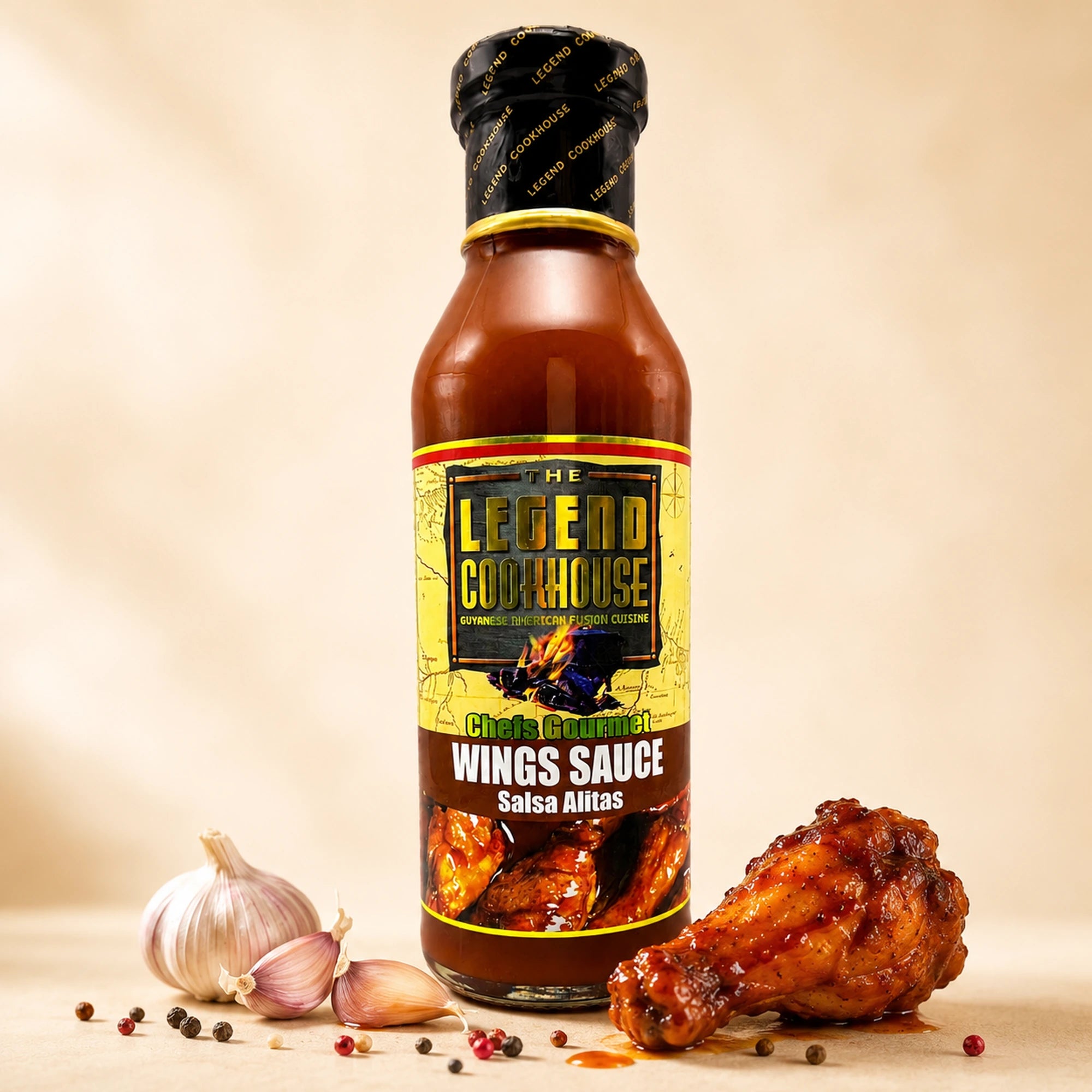 Legend Wings Sauce bottle with glazed wing, garlic, peppercorns, and warm cream background