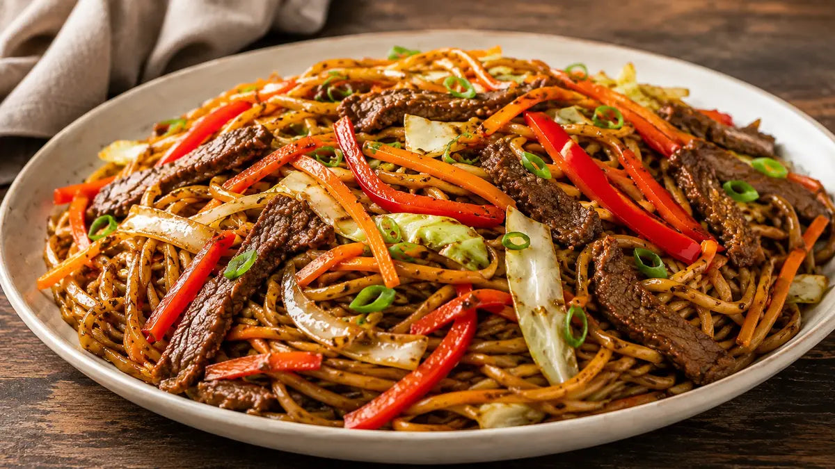Guyanese-style beef chow mein with sliced beef, cabbage, carrots, peppers, and scallions