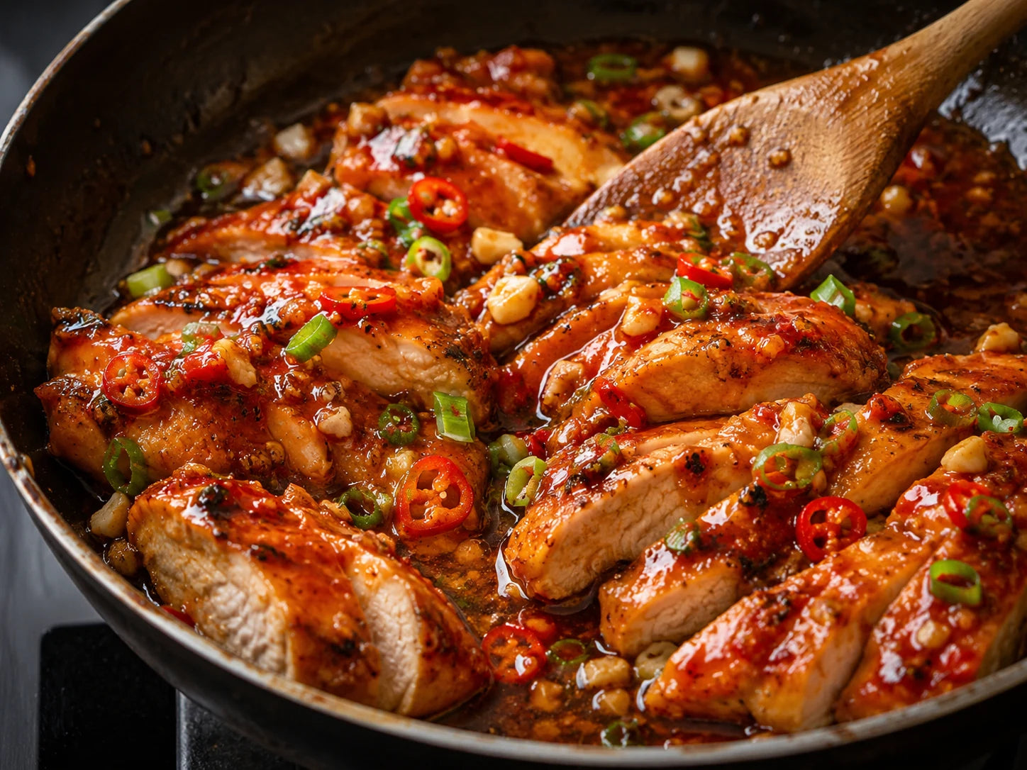 Garlic chicken pieces simmering in pepper sauce with scallions and sliced red pepper