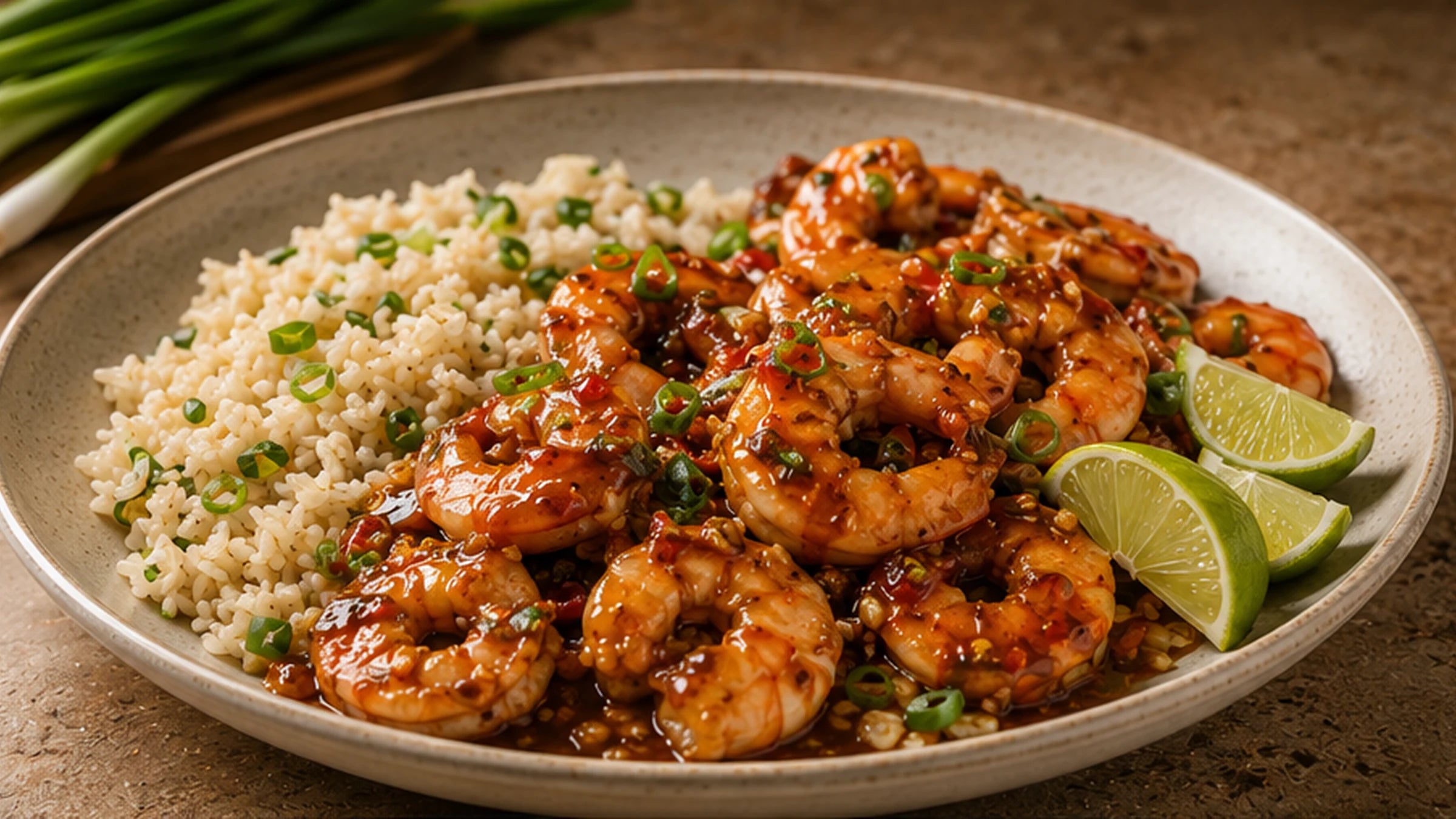 Pepper shrimp served with garlic scallion rice, lime wedges, scallions, and glossy pepper sauce.